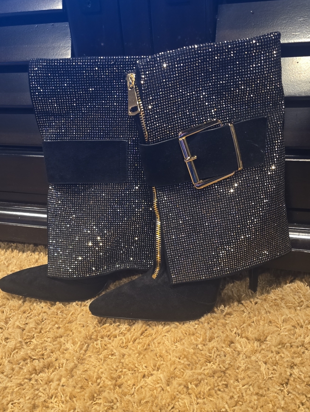 Black Rhinestone Fold-Over Buckle Mid-Calf Heel Boots